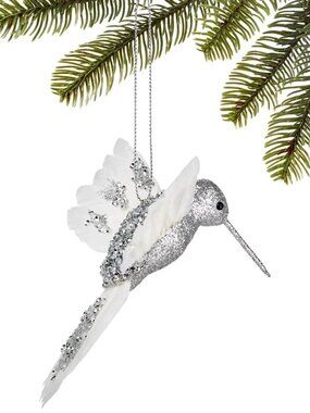Holiday Lane Glitter Feathered Hummingbird Ornament Silver Xmas Tree Decor Bird